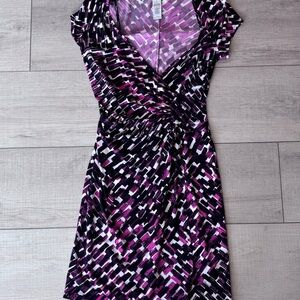 Laundry By Design Geometric 3/4 Sleeve Faux Wrap Dress Burgundy White Pink | 6